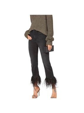 FRAME Le High Straight Jeans Ostrich Feather Trim Ludlow Black Women's Size 25